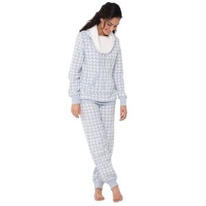 Pajamagram Snow Day Light Blue Print Shearling Rollneck Pajama Set Women's L